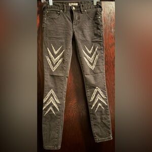 Free People Charcoal Gray Skinny Jeans with White Chevron Accents